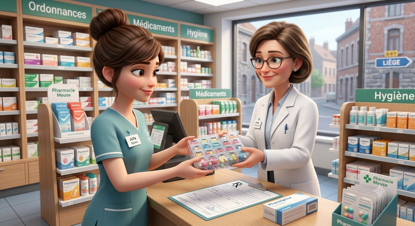 Julia récupère un semainier préparé à la pharmacie partenaire