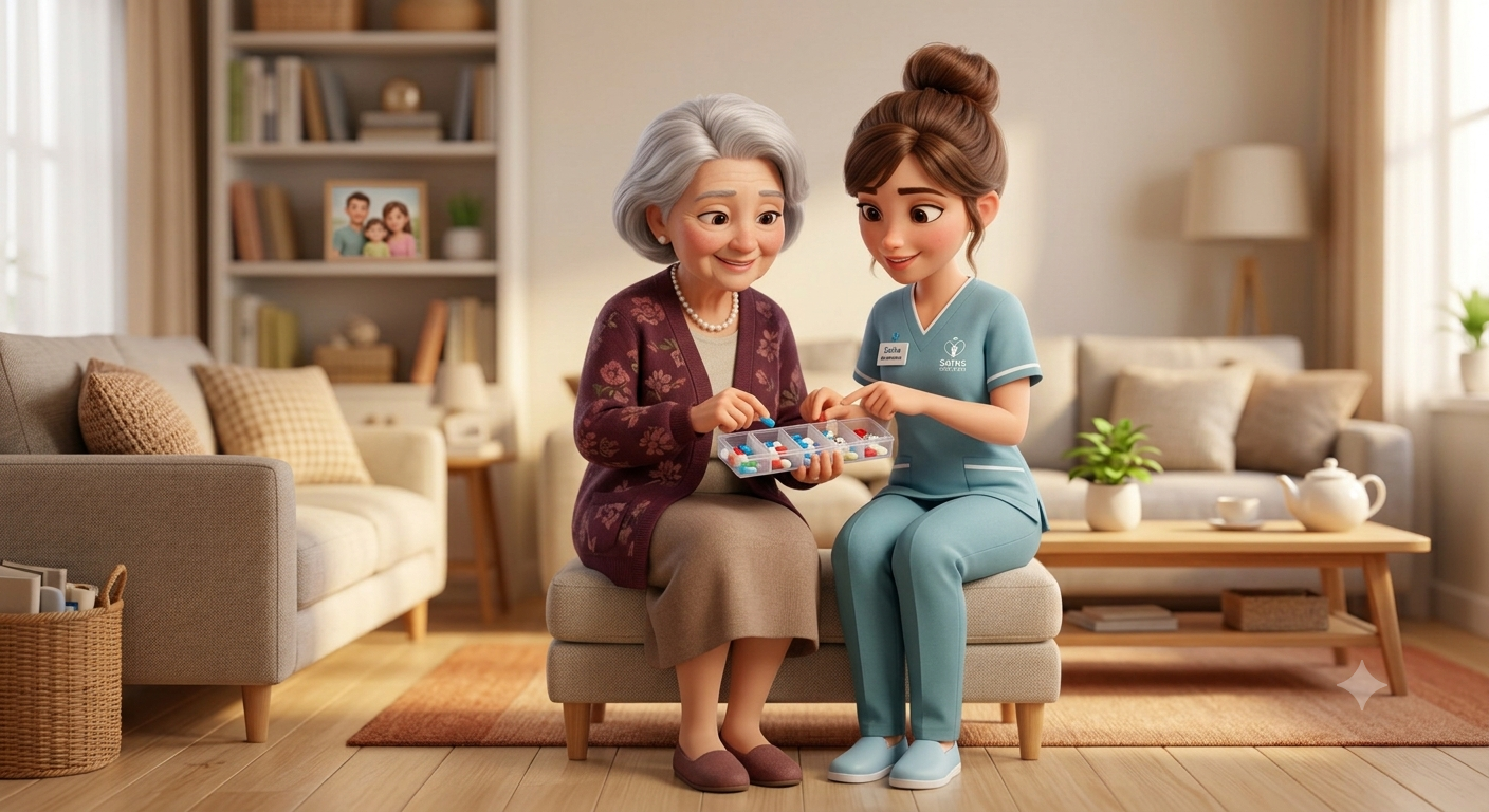 Julia accompagne une patiente âgée dans la prise de ses médicaments